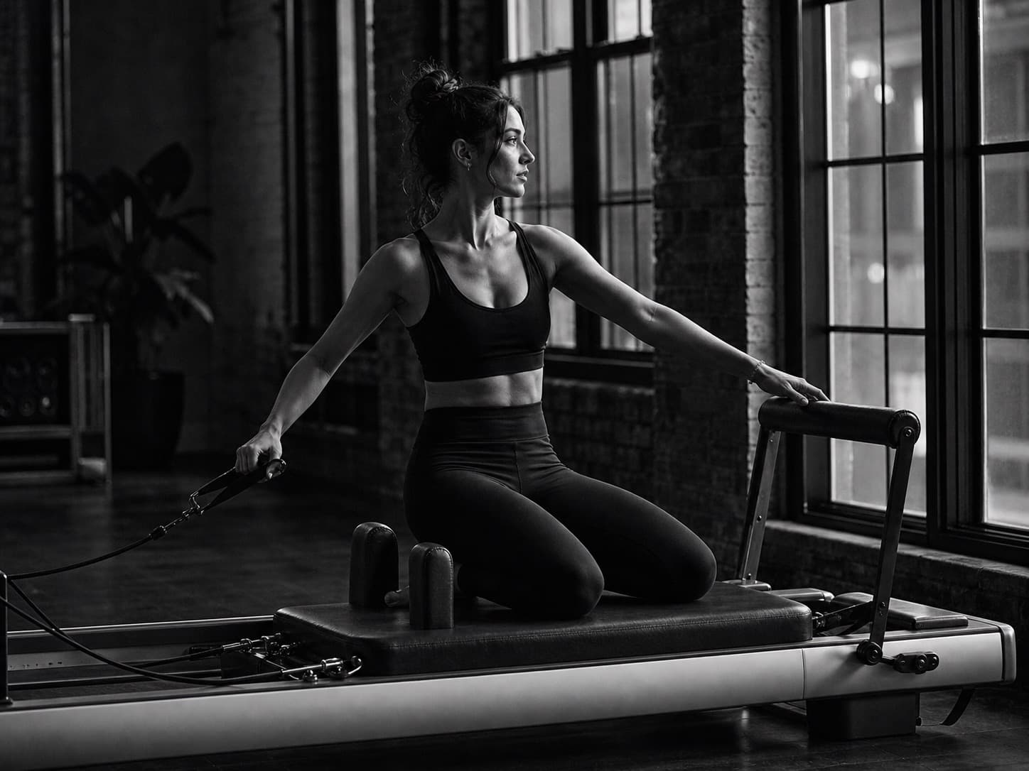 Pilates reformer machine in dark Brooklyn studio
